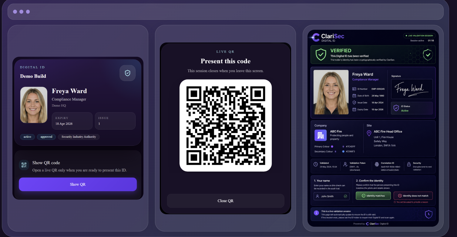Clarisec employee Digital ID, timed QR code and live identity validation screens